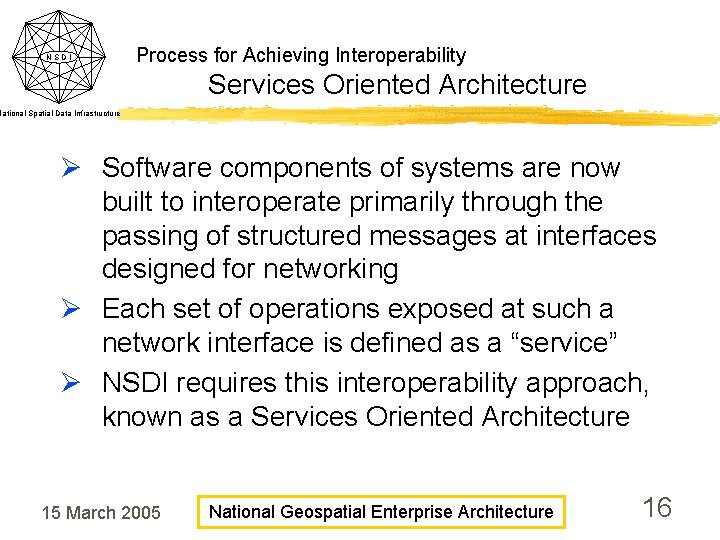 NSDI Process for Achieving Interoperability Services Oriented Architecture National Spatial Data Infrastructure Ø Software