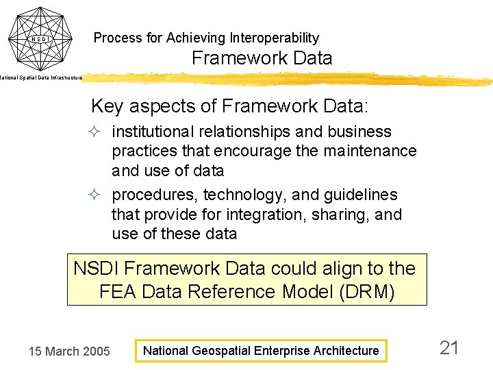 Process for Achieving Interoperability NSDI Framework Data National Spatial Data Infrastructure Key aspects of