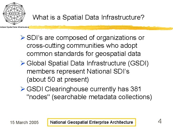 NSDI What is a Spatial Data Infrastructure? National Spatial Data Infrastructure Ø SDI’s are