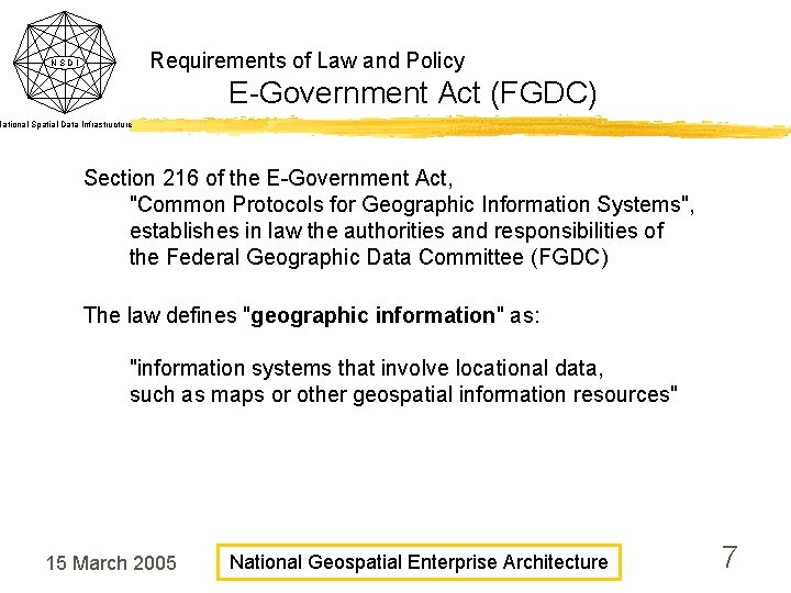 Requirements of Law and Policy NSDI E-Government Act (FGDC) National Spatial Data Infrastructure Section