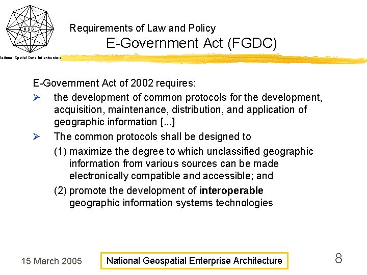 NSDI Requirements of Law and Policy E-Government Act (FGDC) National Spatial Data Infrastructure E-Government