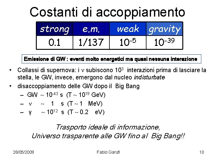 Costanti di accoppiamento strong e. m. 0. 1 1/137 weak 10 -5 gravity 10