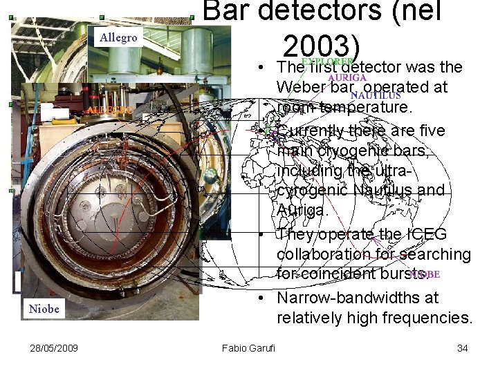 Allegro Nautilus Auriga Niobe 28/05/2009 Bar detectors (nel 2003) • The first detector was