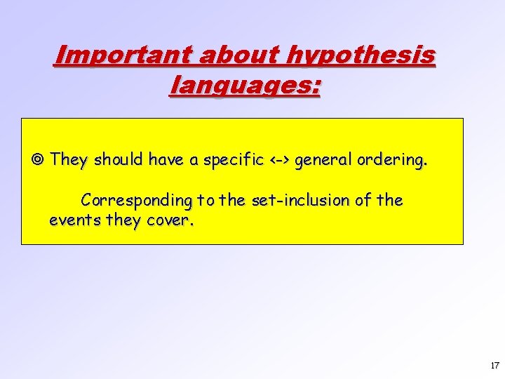 Important about hypothesis languages: ¥ They should have a specific <-> general ordering. Corresponding