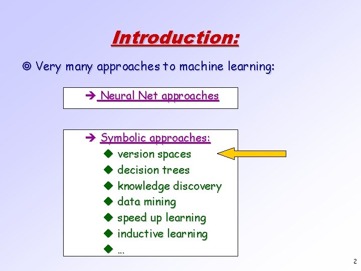 Introduction: ¥ Very many approaches to machine learning: è Neural Net approaches è Symbolic