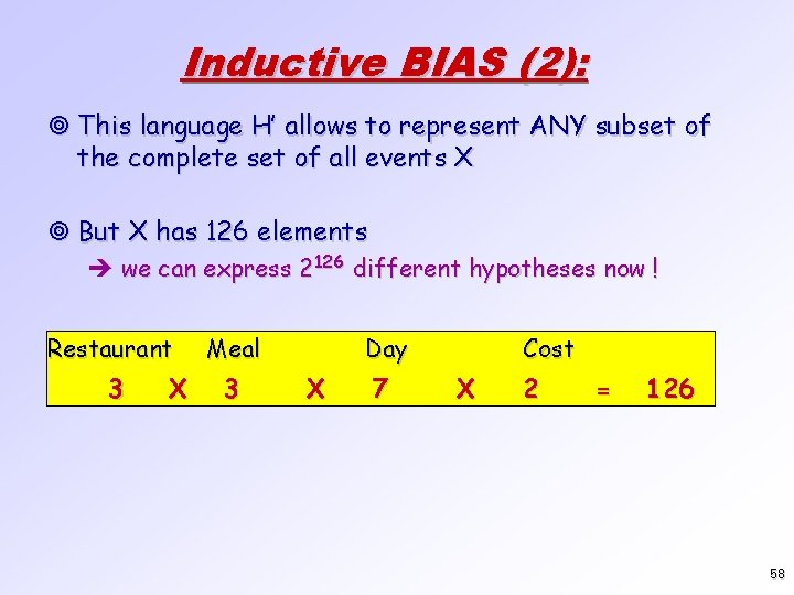 Inductive BIAS (2): ¥ This language H’ allows to represent ANY subset of the