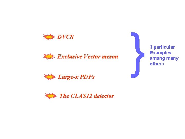 DVCS Exclusive Vector meson Large-x PDFs The CLAS 12 detector } 3 particular Examples