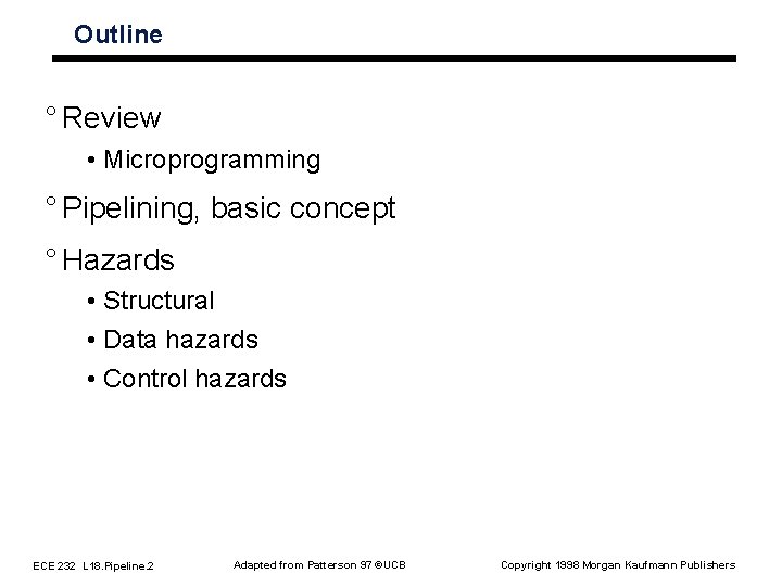 Outline ° Review • Microprogramming ° Pipelining, basic concept ° Hazards • Structural •