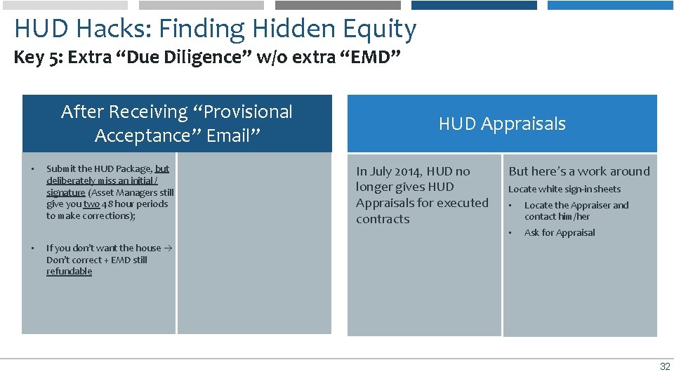 HUD Hacks: Finding Hidden Equity Key 5: Extra “Due Diligence” w/o extra “EMD” After