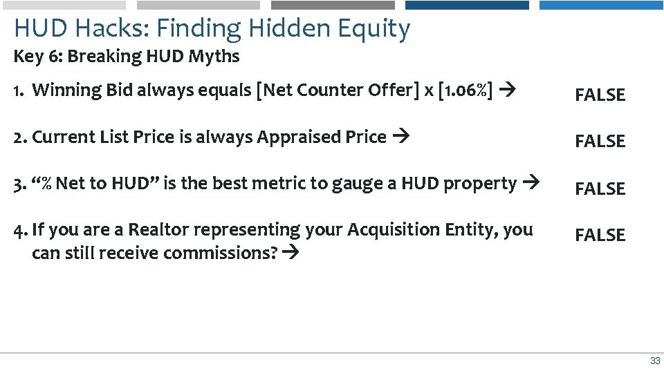 HUD Hacks: Finding Hidden Equity Key 6: Breaking HUD Myths 1. Winning Bid always