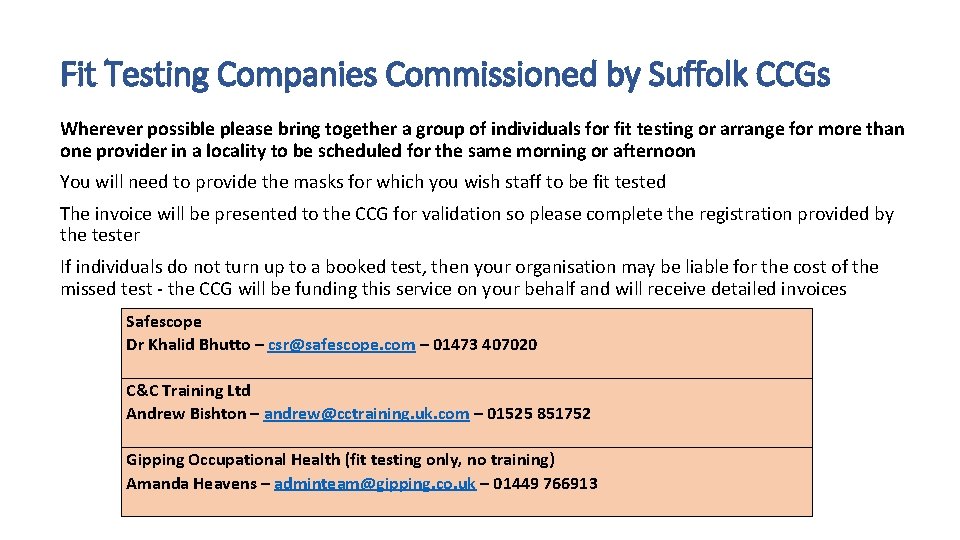 Fit Testing Companies Commissioned by Suffolk CCGs Wherever possible please bring together a group