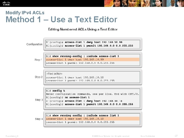 Modify IPv 4 ACLs Method 1 – Use a Text Editor Presentation_ID © 2008