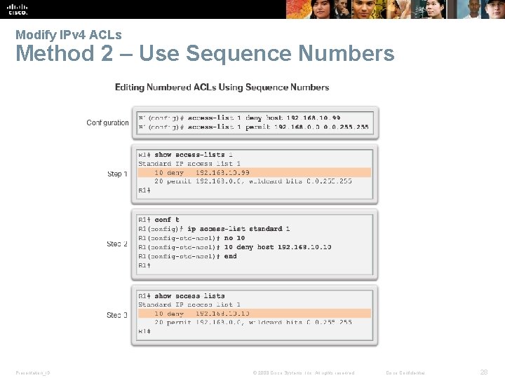 Modify IPv 4 ACLs Method 2 – Use Sequence Numbers Presentation_ID © 2008 Cisco