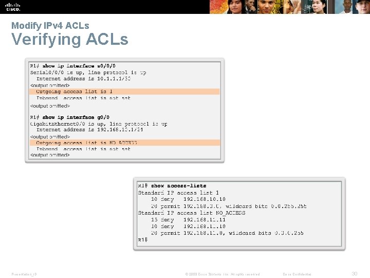 Modify IPv 4 ACLs Verifying ACLs Presentation_ID © 2008 Cisco Systems, Inc. All rights