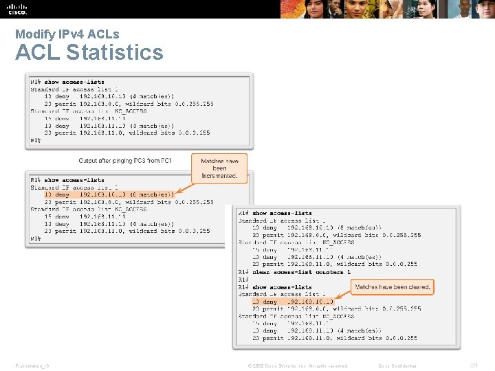 Modify IPv 4 ACLs ACL Statistics Presentation_ID © 2008 Cisco Systems, Inc. All rights