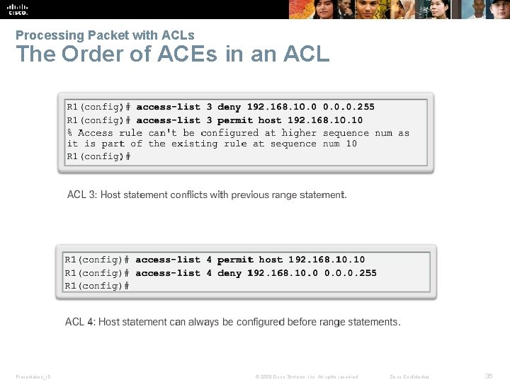 Processing Packet with ACLs The Order of ACEs in an ACL Presentation_ID © 2008