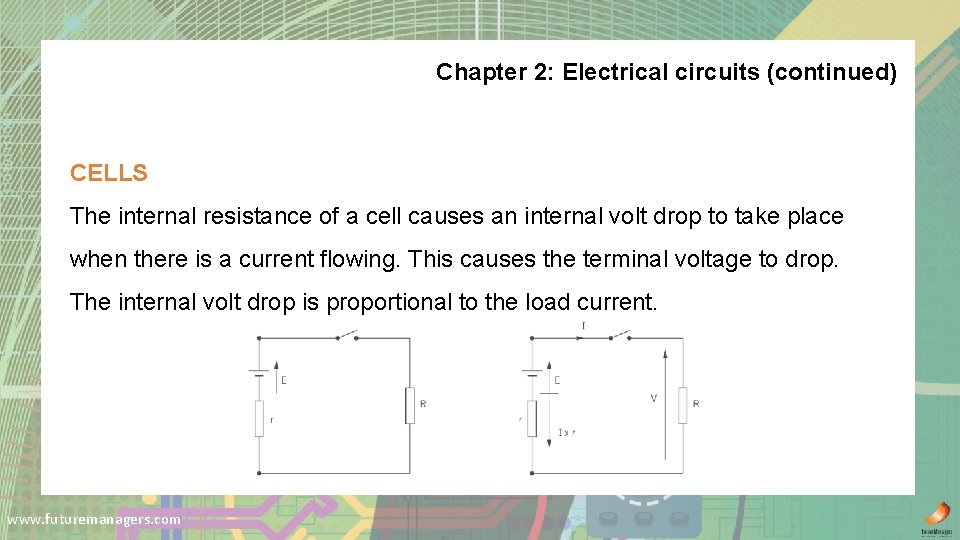 Chapter 2: Electrical circuits (continued) CELLS The internal resistance of a cell causes an