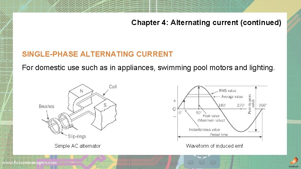 Chapter 4: Alternating current (continued) SINGLE-PHASE ALTERNATING CURRENT For domestic use such as in