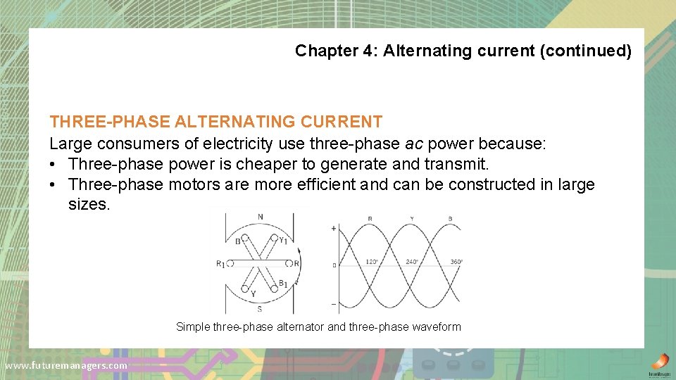 Chapter 4: Alternating current (continued) THREE-PHASE ALTERNATING CURRENT Large consumers of electricity use three-phase