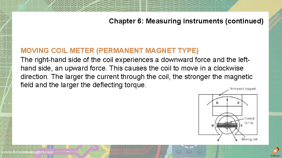 Chapter 6: Measuring instruments (continued) MOVING COIL METER (PERMANENT MAGNET TYPE) The right-hand side