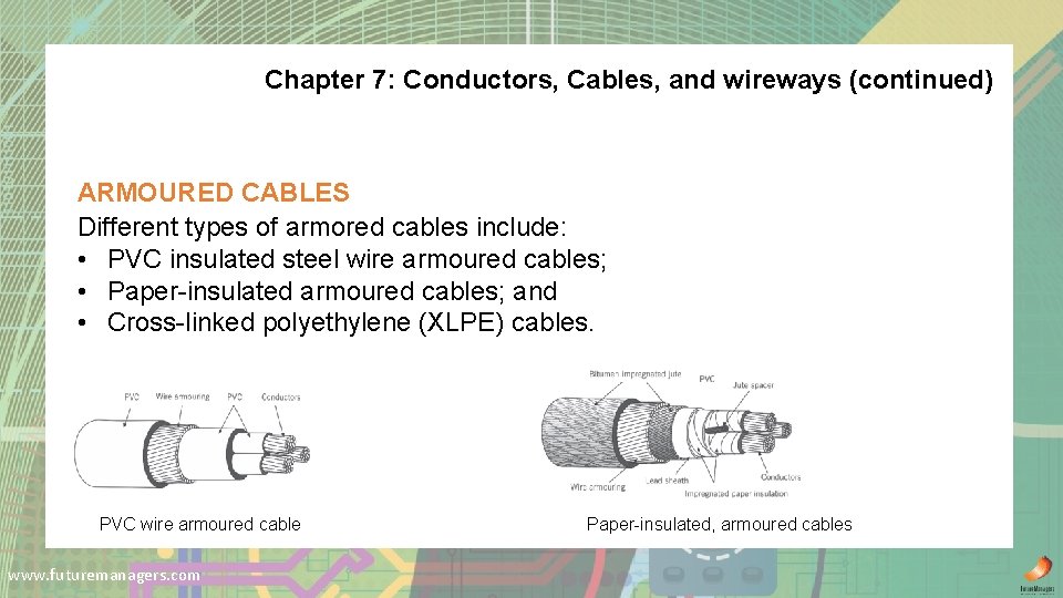 Chapter 7: Conductors, Cables, and wireways (continued) ARMOURED CABLES Different types of armored cables