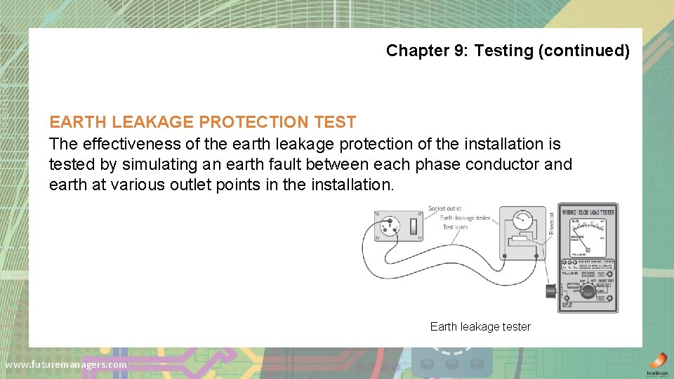 Chapter 9: Testing (continued) EARTH LEAKAGE PROTECTION TEST The effectiveness of the earth leakage