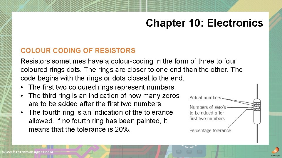 Chapter 10: Electronics COLOUR CODING OF RESISTORS Resistors sometimes have a colour-coding in the