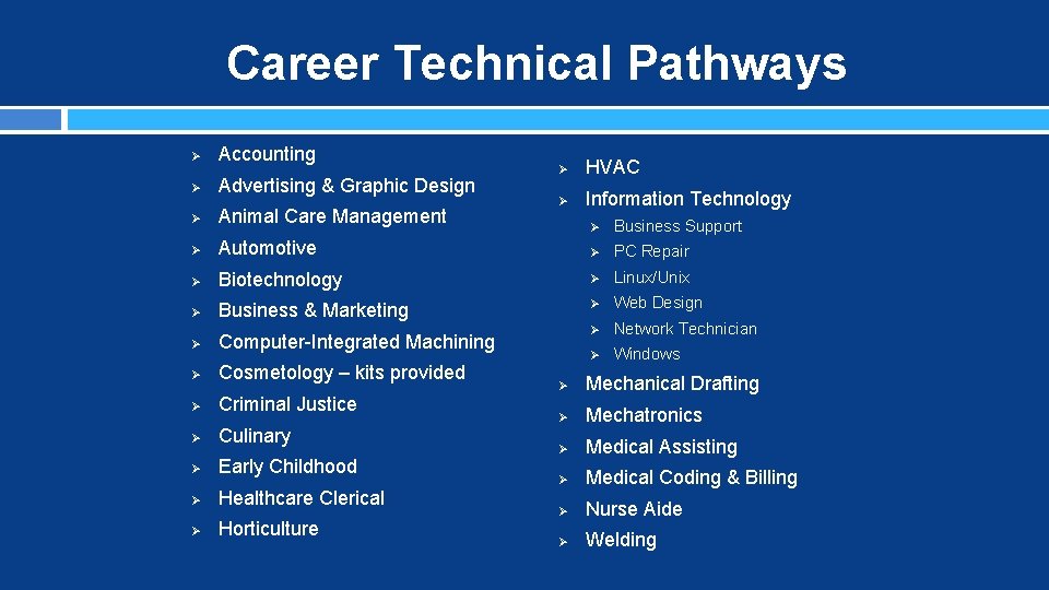 Career Technical Pathways Ø Accounting Ø Advertising & Graphic Design Ø Animal Care Management
