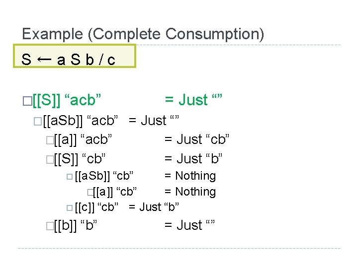 Example (Complete Consumption) S←a. Sb/c �[[S]] “acb” = Just “” �[[a. Sb]] “acb” =