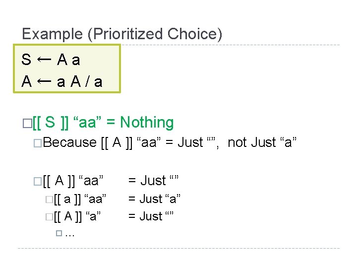 Example (Prioritized Choice) S←Aa A←a. A/a �[[ S ]] “aa” = Nothing �Because �[[