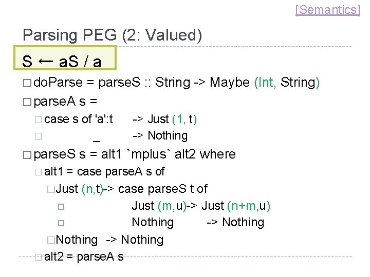 [Semantics] Parsing PEG (2: Valued) S ← a. S / a � do. Parse