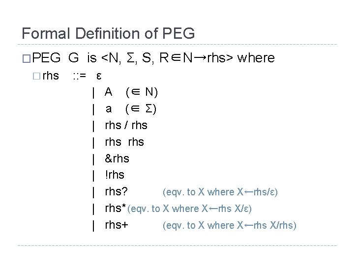 Formal Definition of PEG � rhs G is <N, Σ, S, R∈N→rhs> where :