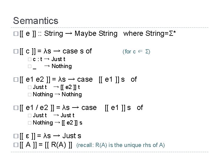 Semantics � [[ e ]] : : String → Maybe String where String=Σ* �