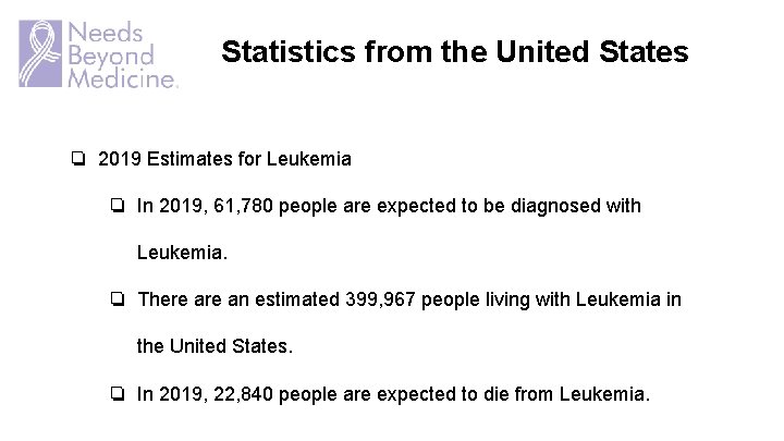 Statistics from the United States ❏ 2019 Estimates for Leukemia ❏ In 2019, 61,