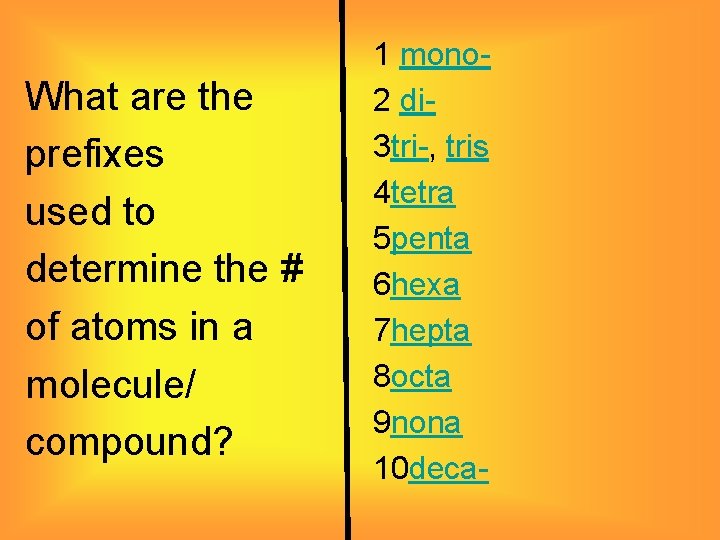 What are the prefixes used to determine the # of atoms in a molecule/