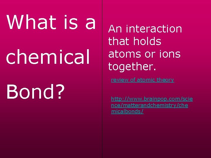 What is a chemical Bond? An interaction that holds atoms or ions together. review