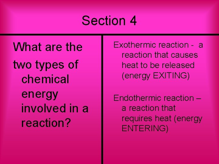 Section 4 What are the two types of chemical energy involved in a reaction?