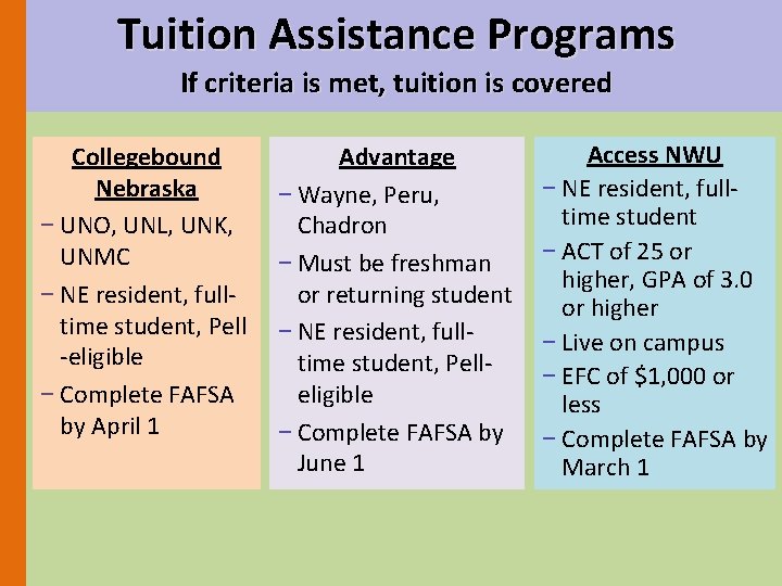 Tuition Assistance Programs If criteria is met, tuition is covered Collegebound Nebraska − UNO,