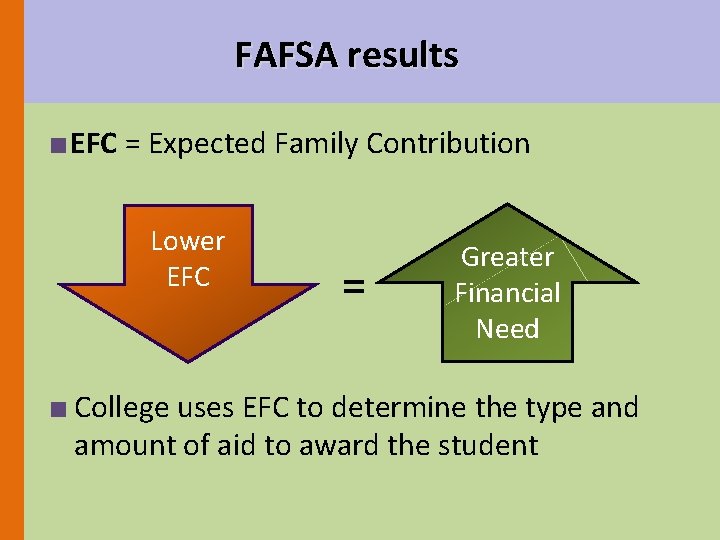 FAFSA results ■ EFC = Expected Family Contribution Lower EFC = Greater Financial Need