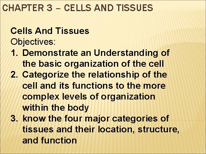 CHAPTER 3 – CELLS AND TISSUES Cells And Tissues Objectives: 1. Demonstrate an Understanding