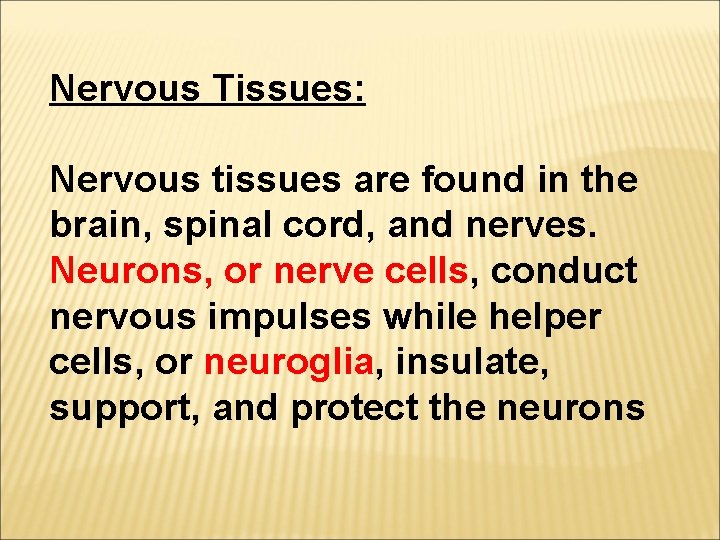 Nervous Tissues: Nervous tissues are found in the brain, spinal cord, and nerves. Neurons,
