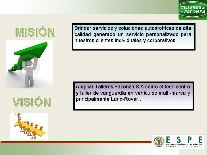 MISIÓN VISIÓN Brindar servicios y soluciones automotrices de alta calidad generado un servicio personalizado