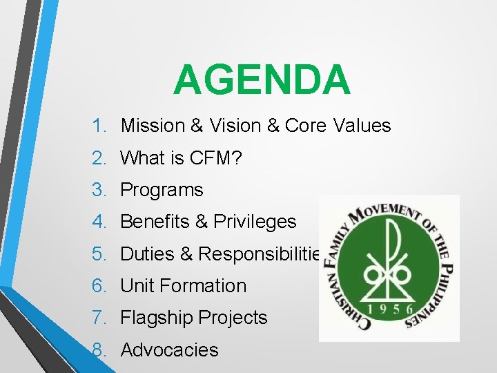 AGENDA 1. Mission & Vision & Core Values 2. What is CFM? 3. Programs AGENDA 1. Mission & Vision & Core Values 2. What is CFM? 3. Programs