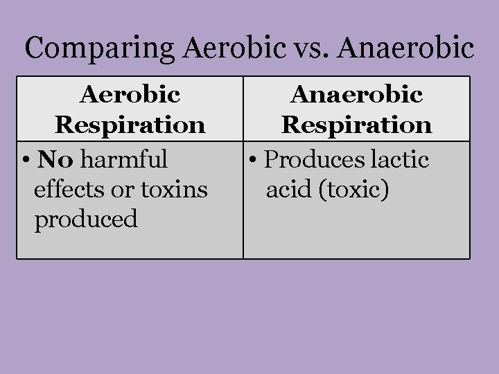 Comparing Aerobic vs. Anaerobic Aerobic Respiration • No harmful effects or toxins produced Anaerobic