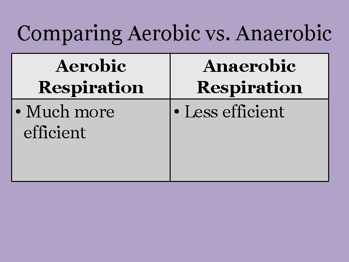 Comparing Aerobic vs. Anaerobic Aerobic Respiration • Much more efficient Anaerobic Respiration • Less