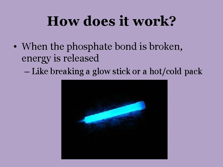 How does it work? • When the phosphate bond is broken, energy is released