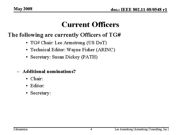 May 2008 doc. : IEEE 802. 11 -08/0548 r 1 Current Officers The following