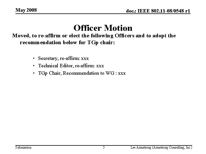 May 2008 doc. : IEEE 802. 11 -08/0548 r 1 Officer Motion Moved, to