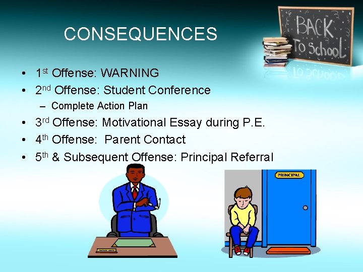 CONSEQUENCES • 1 st Offense: WARNING • 2 nd Offense: Student Conference – Complete