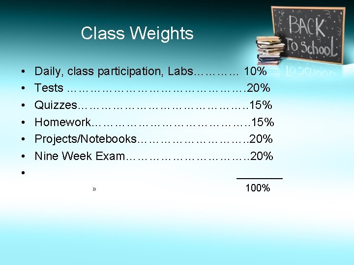 Class Weights • • Daily, class participation, Labs………… 10% Tests ……………………. 20% Quizzes…………………. .